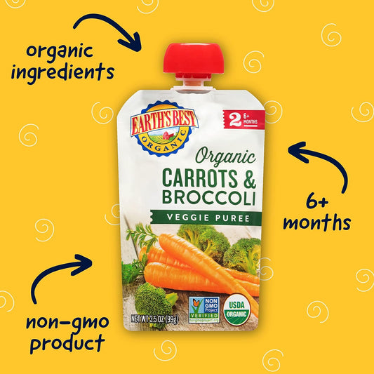 Earth's Best Organic Baby Food Pouches, Stage 2 Vegetable Puree for Babies 6 Months and Older, Organic Carrots and Broccoli Puree, 3.5 oz Resealable Pouch (Pack of 12)