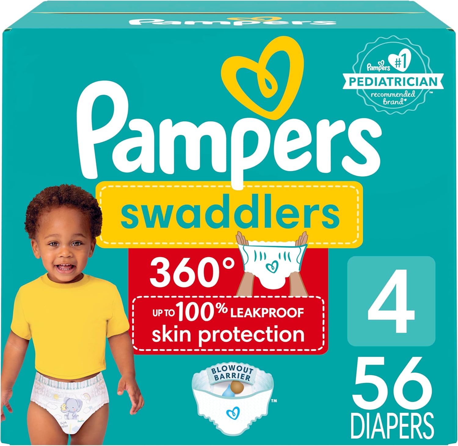 Pampers Swaddlers 360 Pull-On Diapers, Size 4, 56 Count For Up To 100% Leakproof Skin Protection And Easy Changes