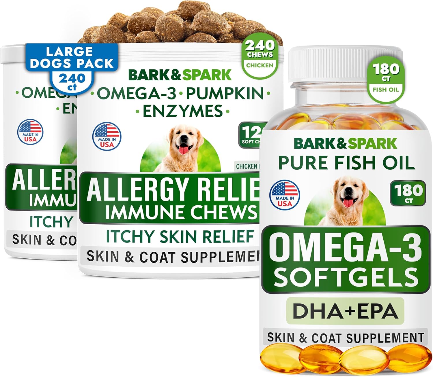 Bark&Spark Allergy Relief + Omega 3 Bundle - Anti-Itch Skin & Coat + Skin Allergy - Omega 3 Fish Oil + Epa&Dha Fatty Acid - Itching&Paw Licking + Joint Health - 240 Chews + 180 Softgels - Made In Usa