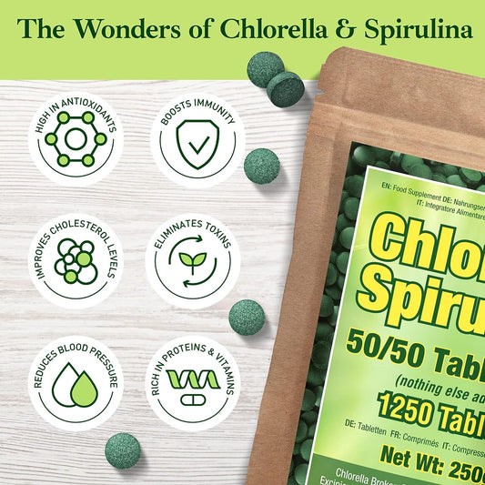 Premium Spirulina and Chlorella Capsules 1,250 Tablets, Non-GMO, Vegan Organic Chlorella Tablets, Sunlight Grown, Cracked Cell Wall, High Protein, Heavy Metal Detox