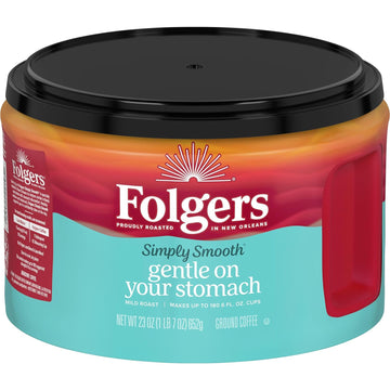 Folgers Simply Smooth Mild Roast Ground Coffee, 23 Ounce (Pack of 6), Gentle on Your Stomach