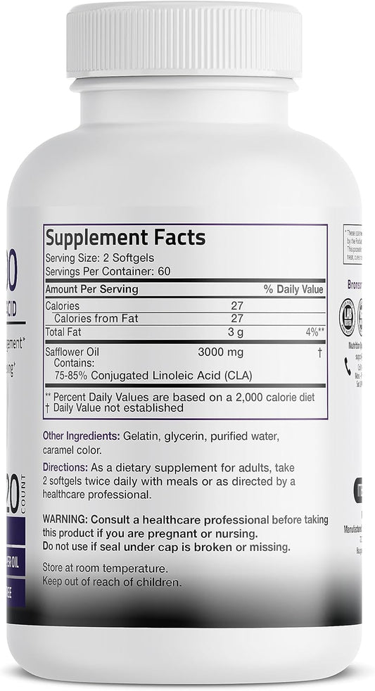 Bronson Cla 3000 Extra High Potency Supports Healthy Weight Management Lean Muscle Mass Non-Stimulating Conjugated Linoleic Acid 120 Softgels