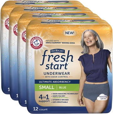 Fitright Fresh Start Incontinence And Postpartum Underwear For Women, Small, Blue (48 Count) Ultimate Absorbency, Disposable Underwear With The Odor-Control Power Of Arm & Hammer