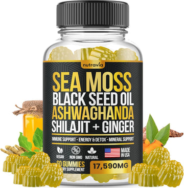 Sea Moss, Black Seed Oil, Ashwagandha, Ginger, Shilajit Gummies With Elderberry, Chlorophyll, Turmeric, Bladderwrack 17590Mg Advanced Strength Formula - All In 1 Bundle - Made In Usa (60 Gummies)
