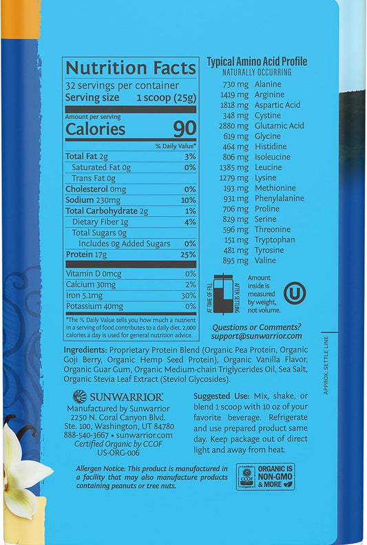 Sunwarrior Vegan Protein Powder Plant-Based Protein Powder Usda Organic | Bcaa Amino Acids Hemp Seed | Keto Friendly Soy, Dairy, & Gluten & Synthetic Free Non-Gmo | Vanilla 32 Servings 17G Protein