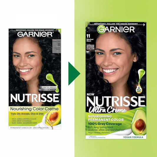 Garnier Hair Color Nutrisse Nourishing Creme, 11 Blackest Black (Peppercorn) Permanent Hair Dye, 2 Count (Packaging May Vary)