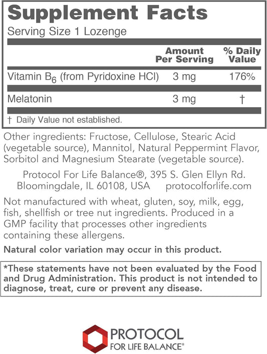 Protocol Melatonin 3mg with Vitamin B6 - Immune and Sleep Support - 120 Lozenges