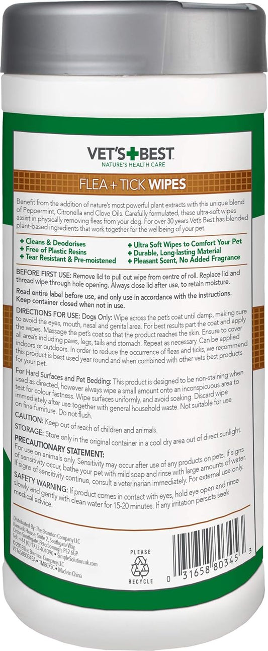 Vet's Best Flea and Tick Wipes for Dogs, Targeted Flea & Tick Application, Multi-Purpose Flea Treatment for Dogs - 50 Wipes?80345-12p