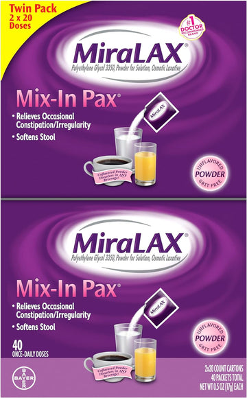 MiraLAX Gentle Constipation Relief Laxative Powder, Stool Softener with PEG 3350, No Harsh Side Effects, #1 Physician Recommended, Single Dose Mix-In Pax, Travel Pack, 40 Dose