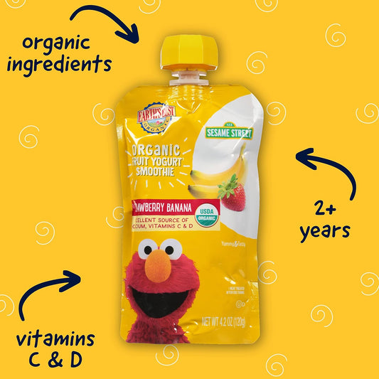 Earth'S Best Organic Kids Snacks, Sesame Street Toddler Snacks, Organic Fruit Yogurt Smoothie For Toddlers 2 Years And Older, Strawberry Banana, 4.2 Oz Resealable Pouch (Pack Of 12)