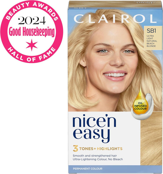 Clairol Nice'N Easy Crème, Natural Looking Oil Infused Permanent Hair Dye, Sb1 Ultra Light Natural Beach Blonde (Packing May Vary)