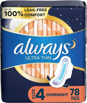 Always Ultra Thin Overnight Pads With Flexi-Wings, Size 4, Overnight, Unscented, 78 Count Total (3 Packs Of 26)
