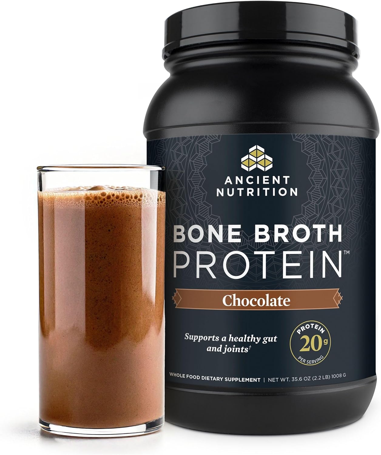 Ancient Nutrition Grass Fed, Cage Free, Bone Broth Protein Powder, 20G Protein, Hydrolyzed Collagen Peptides, Keto & Paleo Friendly, Supports Joint, Gut Health, Chocolate, 40 Servings