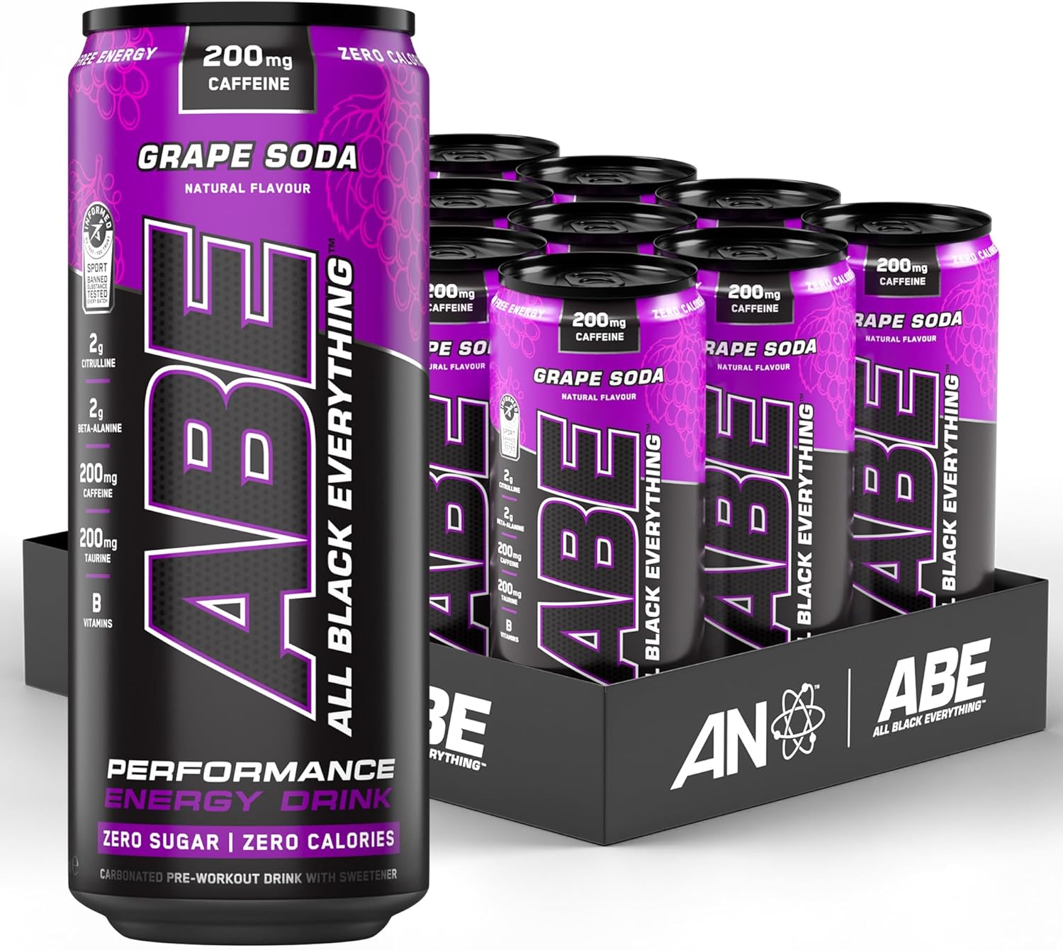 Applied Nutrition Abe Pre Workout Cans - All Black Everything Energy + Performance Drink, Abe Carbonated Beverage Sugar Free With Caffeine (Pack Of 12 Cans X 330Ml) (Orange Burst)