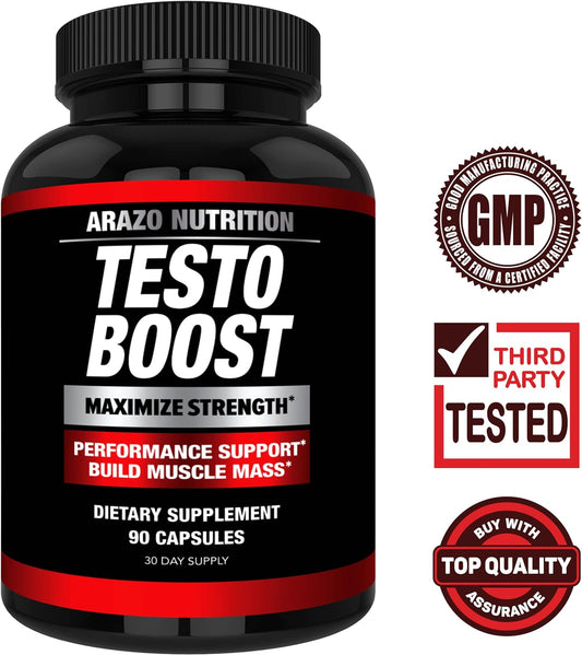 Arazo Nutrition TestoBoost Test Booster Supplement - Potent & Natural Herbal Pills - Boost Muscle Growth - Tribulus, Horny Goat Weed, Hawthorn, Zinc, Minerals