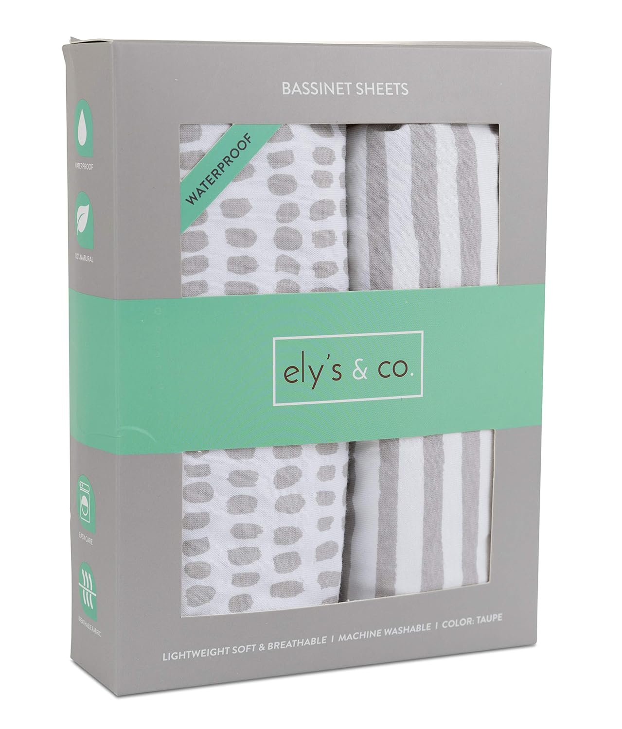 Ely'S & Co. Patent Pending Waterproof Bassinet Sheet, No Need For Bassinet Mattress Pad Cover, 2 Pack Neutral Taupe Grey Splash & Stripes,For Baby Girl And Boy