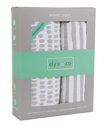 Ely'S & Co. Patent Pending Waterproof Bassinet Sheet, No Need For Bassinet Mattress Pad Cover, 2 Pack Neutral Taupe Grey Splash & Stripes,For Baby Girl And Boy