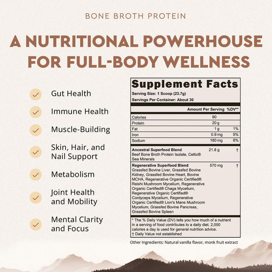 Ancestral Supplements Grass Fed Protein Powder, Vanilla, Beef Bone Broth Based With Beef Organs & Organic Mushrooms, Gut Health Support, High Protein Supplement, 20G Protein Per Serving, 30 Day Supply