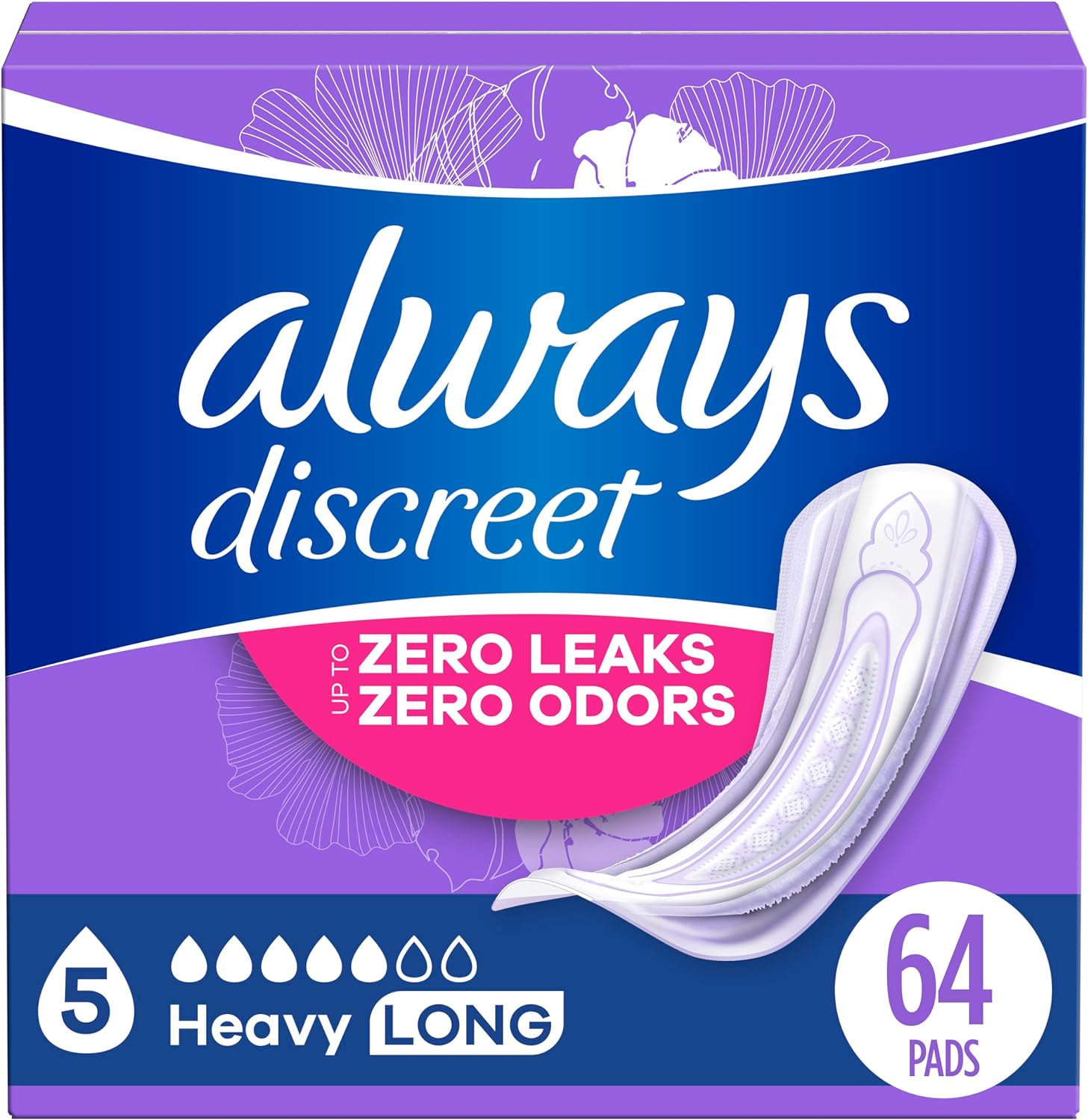 Always Discreet Adult Incontinence Pads For Women, Heavy Absorbency, Long Length, Postpartum Pads, 64 Ct
