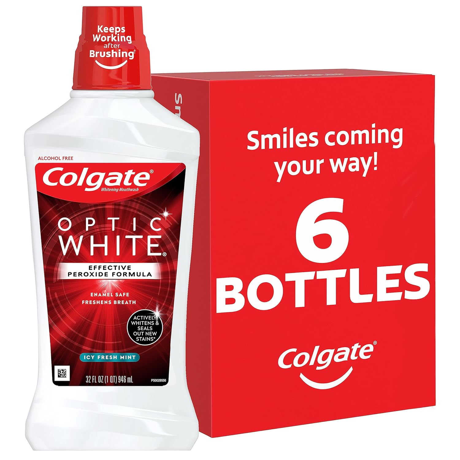 Colgate Optic White Whitening Mouthwash With Hydrogen Peroxide, Alcohol Free, Icy Fresh Mint - 32 Fluid Ounces (6 Pack)