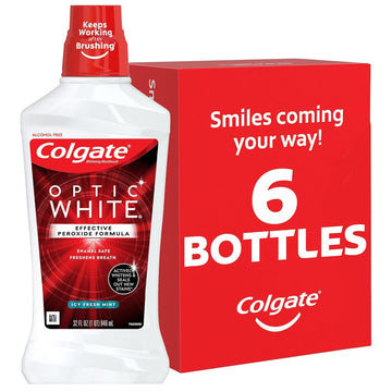 Colgate Optic White Whitening Mouthwash With Hydrogen Peroxide, Alcohol Free, Icy Fresh Mint - 32 Fluid Ounces (6 Pack)