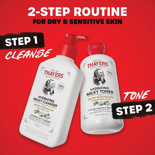 Thayers Milky Face Cleanser 8 Fl Oz + Thayers Milky Toner 12 Fl Oz With Snow Mushroom And Hyaluronic Acid, Dermatologist Recommended Hydrating Skincare For Dry And Sensitive Skin Bundle