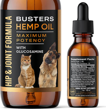 Busters Hip and Joint Hemp Oil Formula enriched with Glucosamine, Pain Relief for Dogs and Pets, Arthritis, and Advanced Mobility Support
