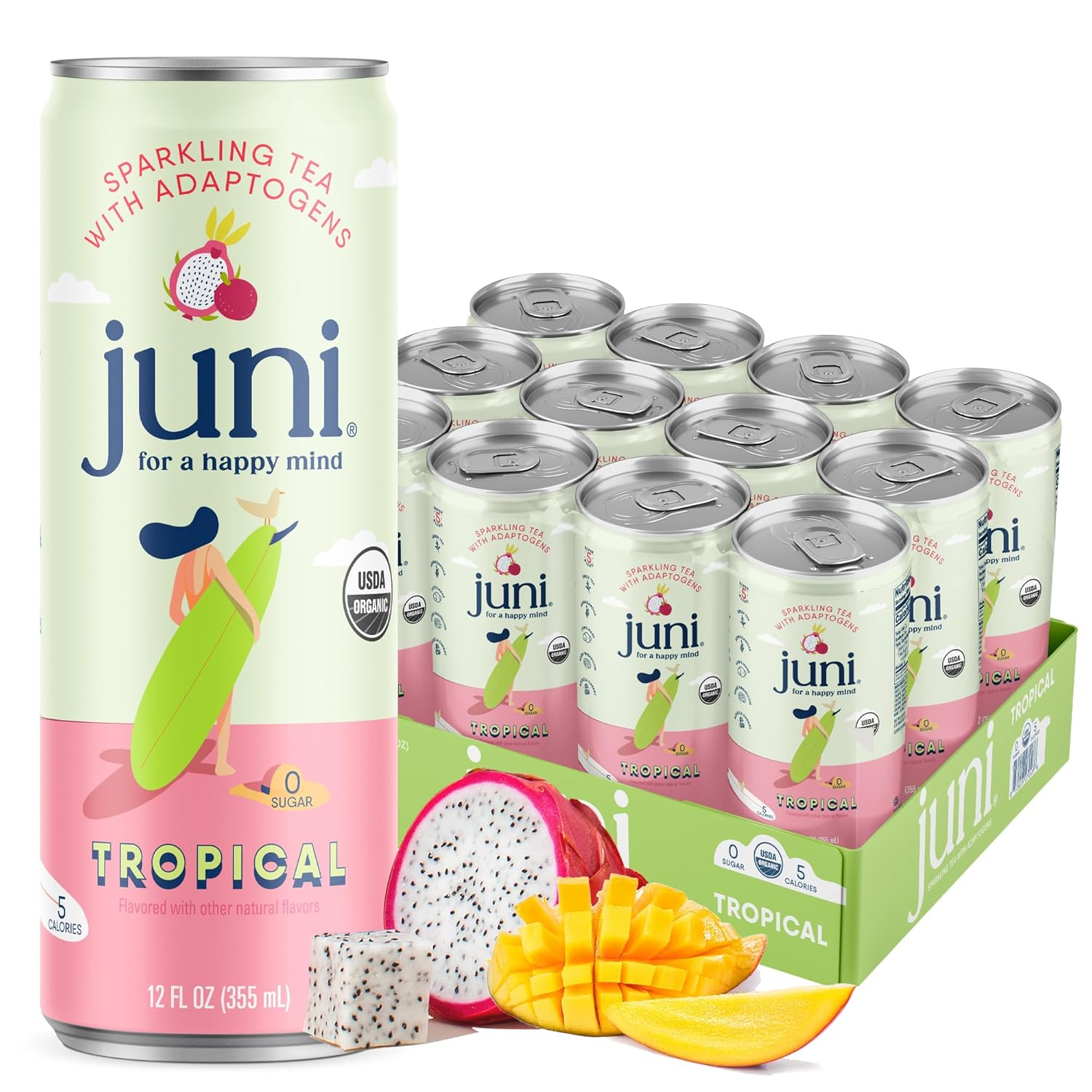 Juni Sparkling Tea With Adaptogens, Zero Sugar, 5 Calories, Organic Adaptogen Drink With Natural Caffeine From Green Tea, Vegan, Tropical, 12 Fl Oz Cans (12-Pack)