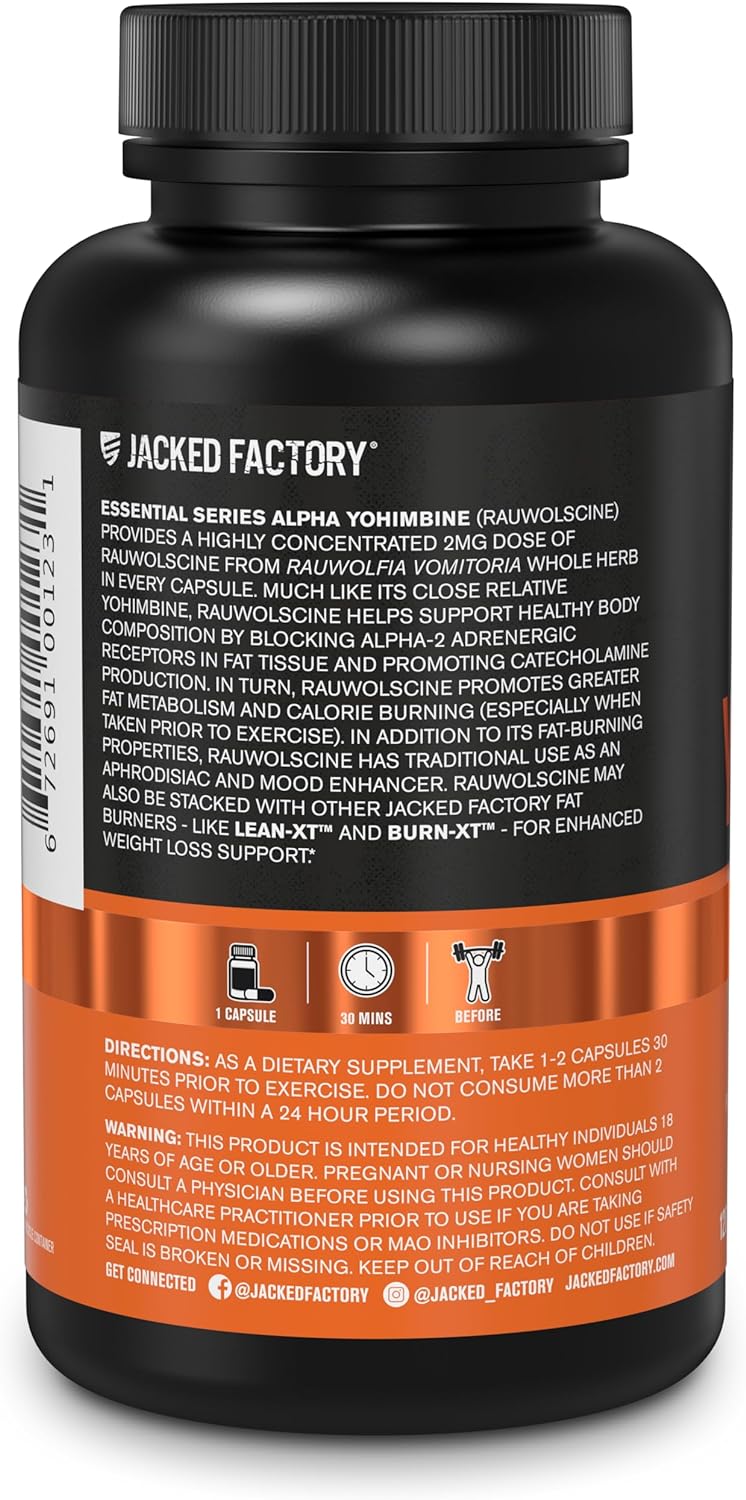 Jacked Factory Alpha Yohimbine Rauwolscine Extract 2mg Per Serving - Natural Thermogenic & Metabolism Support Supplement - 120 Capsules : Health & Household