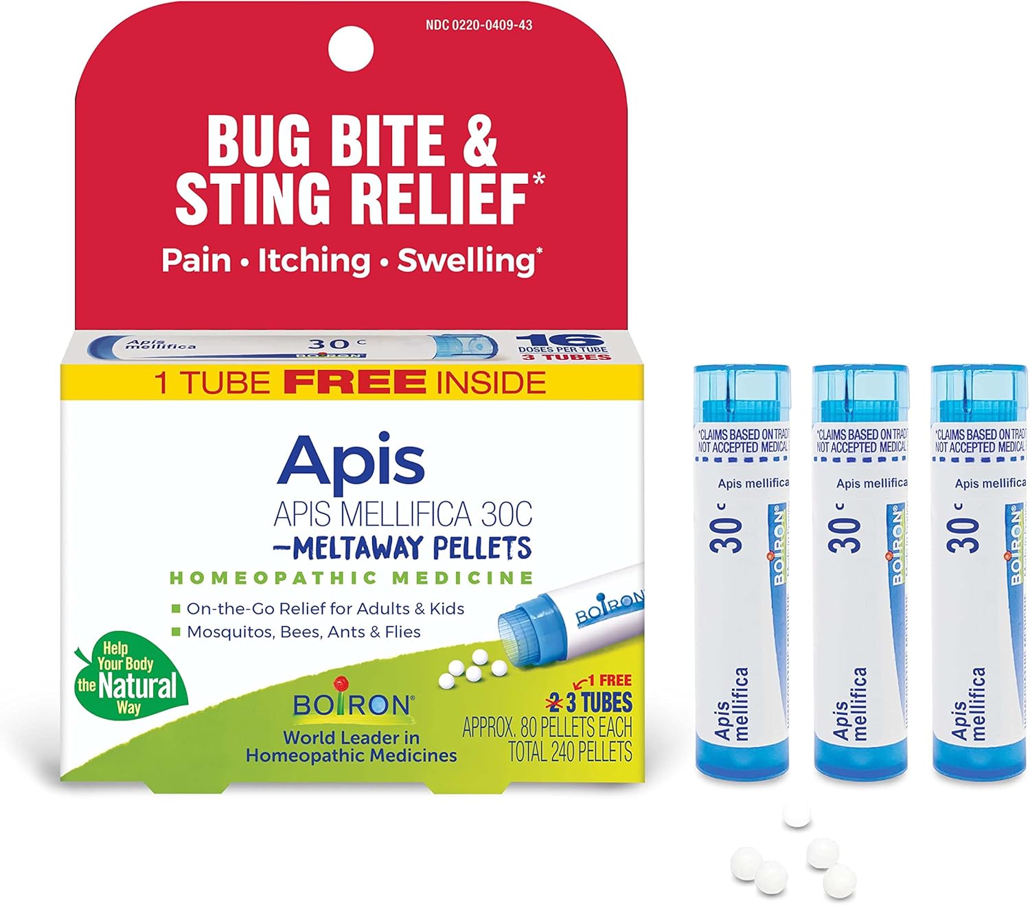 Boiron Apis Mellifica 30C Homeopathic Medince For Relief From Pain, Itching, And Swelling Of Bug Bites Or Stings - 3 Count (240 Pellets)