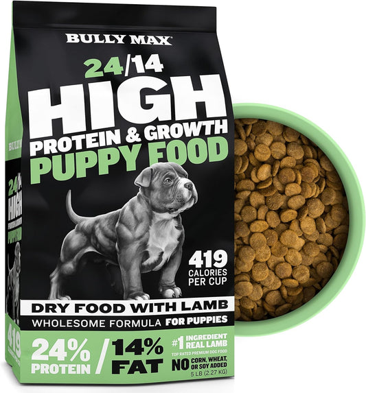 Bully Max 24/14 High Protein Puppy Food 5-Pound Bag & 2-In-1 Muscle Builder 60 Chewable Tabs Bundle - Fuels Growth & Supports Peak Performance For Small Dogs And Large Breed Dogs
