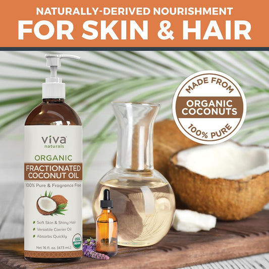 Viva Naturals Organic Fractionated Coconut Oil - Skin & Hair Moisturizer, Relaxing Massage And Body Oil, Carrier Oil For Essential Oils Mixing, Pure Non-Greasy Coconut Oil For Skin And Hair, 16 Fl Oz