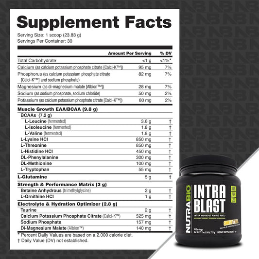 NutraBio Intra Blast and Pre-Workout Powder - Advanced Electrolyte Performance Drink - Amino Acid Recovery, EAA/BCAA Formula - Non-GMO and Gluten Free - Sweet Tea - 30 Servings