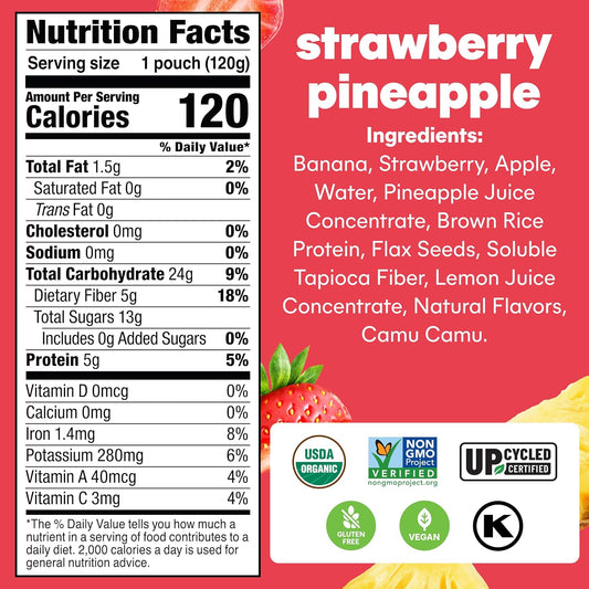 Noka Superfood Smoothie Pouches (Strawberry Pineapple) 4 Pack, With Plant Protein, Prebiotic Fiber & Flax Seed, Organic, Gluten Free, Vegan, Healthy Fruit Squeeze Snack Pack, 4.22Oz Ea
