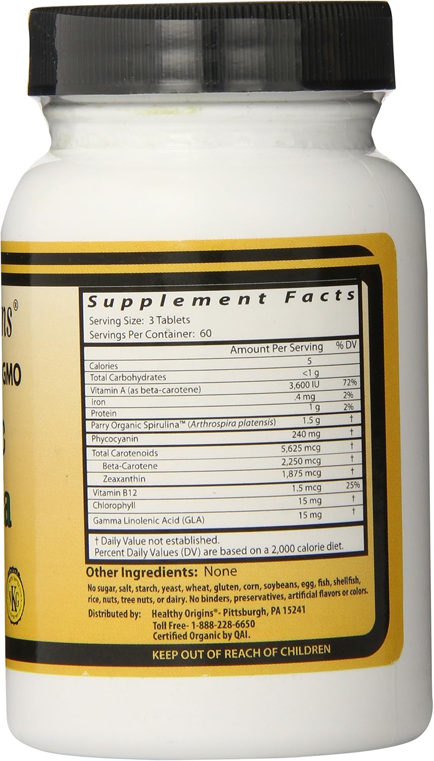 Healthy Orgins Organic and Kosher Spirulina Tablets, 500 mg, 180 count (Pack of 12)