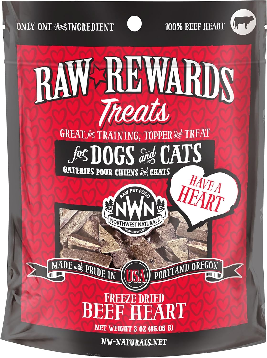 Northwest Naturals Raw Rewards Freeze-Dried Beef Heart Treats for Dogs and Cats - Bite-Sized Pieces - Healthy, 1 Ingredient, Human Grade Pet Food, All Natural - 3 Oz (Pack of 3) (Packaging May Vary)