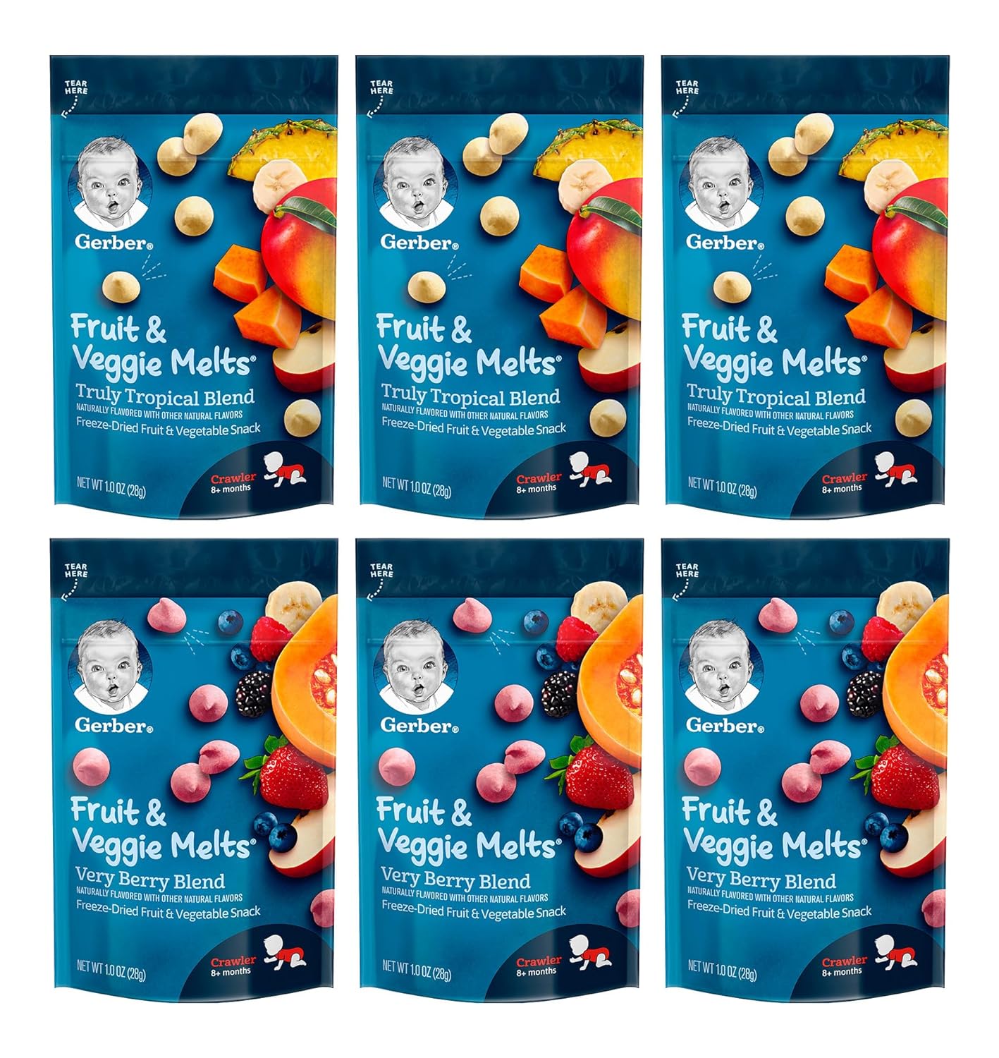 Gerber Graduates Fruit & Veggie Melts Snack Variety Pack, 3 Very Berry Blend and 3 Truly tropical Blend (Pack of 6)