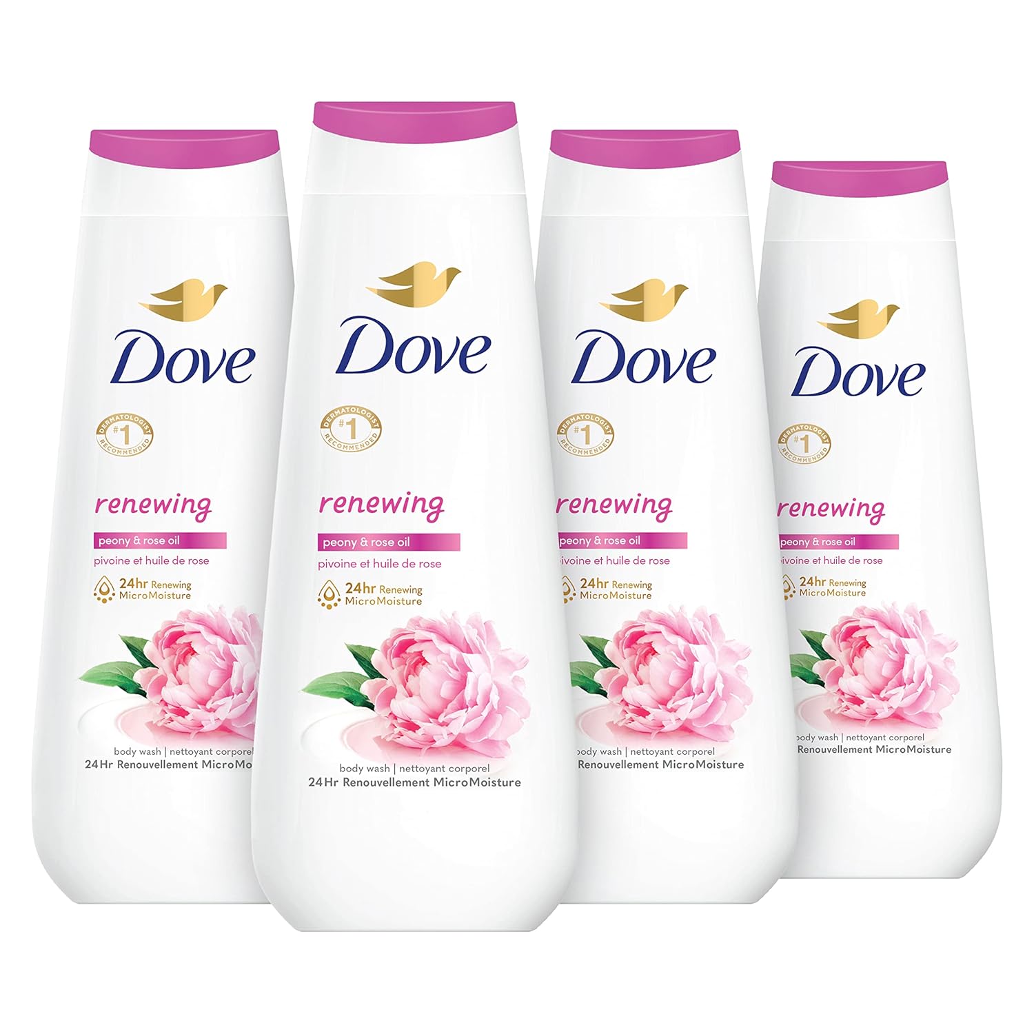 Dove Body Wash 4 Count Renewing Peony And Rose Oil For Renewed, Healthy-Looking Skin Gentle Skin Cleanser With 24Hr Renewing Micromoisture 20 Oz