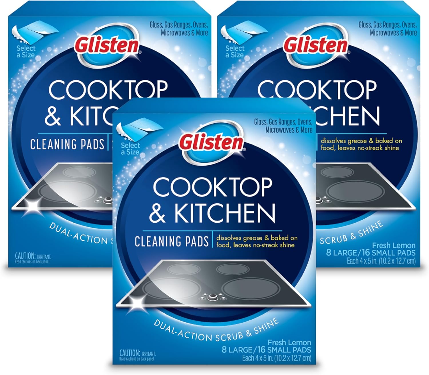 Glisten Cooktop And Kitchen Cleaning Pads, Dissolves Grease And Baked On Foods, Lemon Scent, 24 Large Pads Or 48 Small Pads