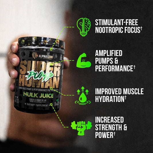 Alpha Lion Superhuman Pump Pre Workout Powder, Nootropic Caffeine & Stim Free Preworkout Supplement, Nitric Oxide Booster, Muscle Gainer, Energy & Focus (42 Servings, Hulk Juice Flavor)