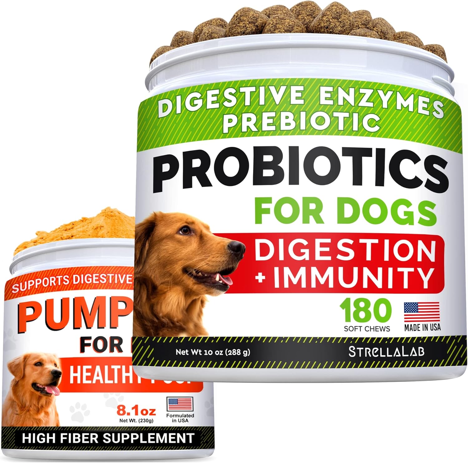 Dog Probiotics + Pumpkin For Dogs Bundle - Allergy, Gas, Diarrhea + Constipation, Food Sensitivity,Scoot - Digestive Enzymes + Prebiotics + Pure Pumpkin Powder - Immunity - 180Ct + 8.1Oz - Made In Usa