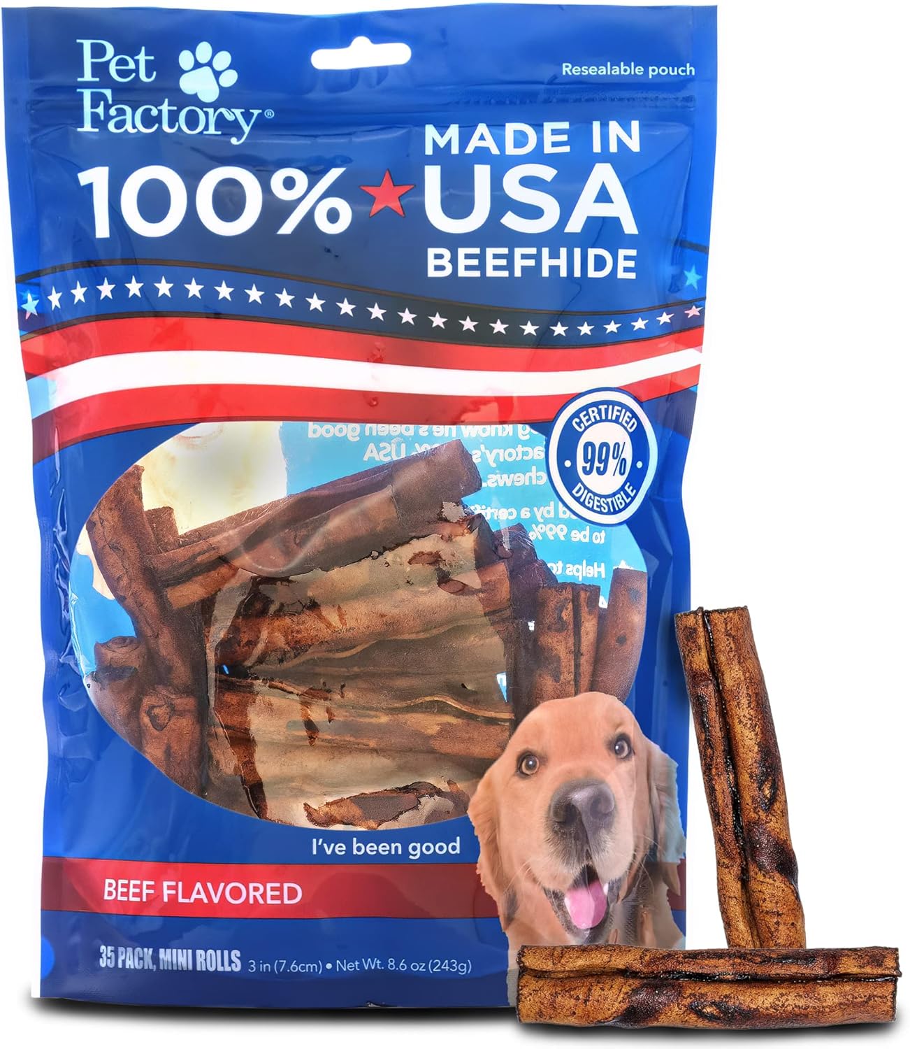 Pet Factory 100% Made In Usa Beefhide 3-3.5" Mini Rolls Dog Chew Treats - Beef Flavor, 35 Count/1 Pack