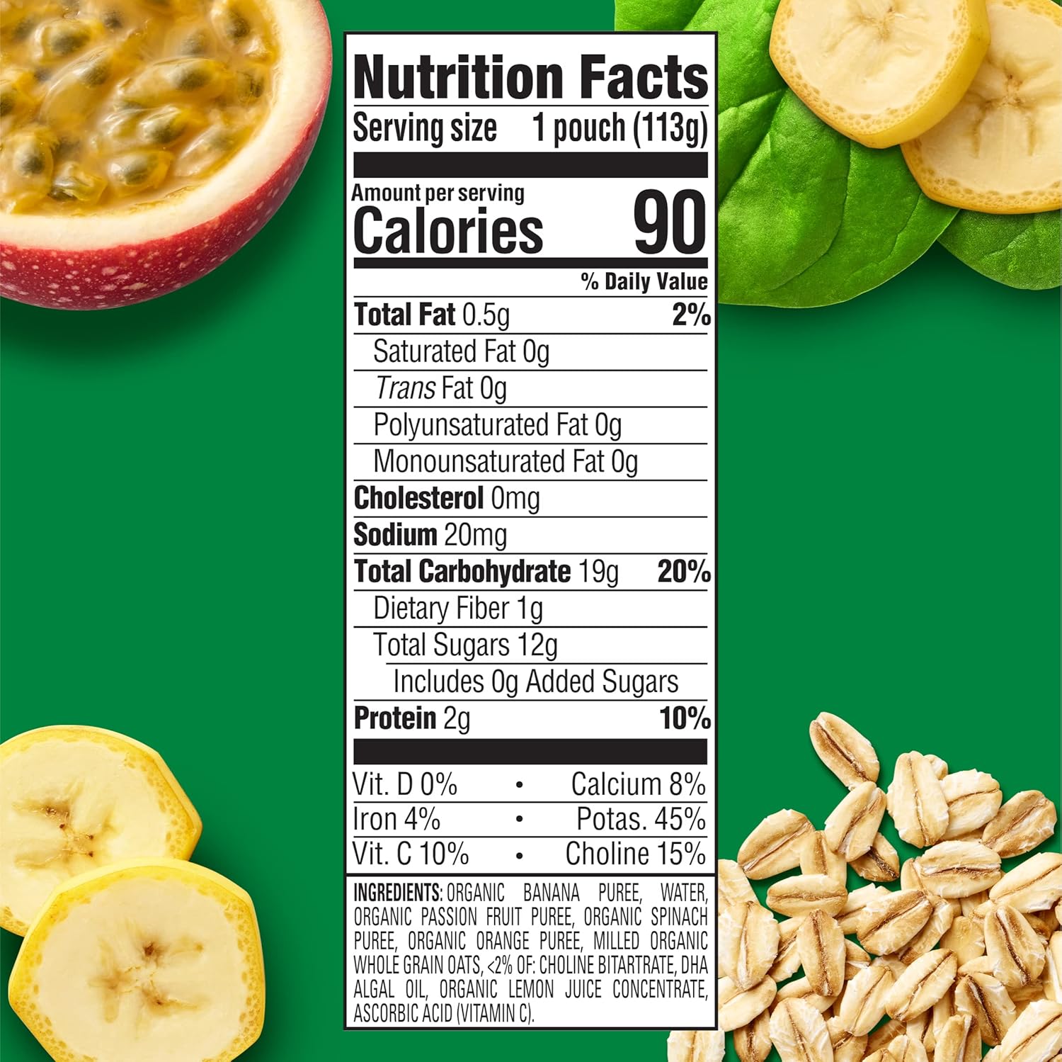 Happy Baby Organics Brain Support Blends Bananas, Spinach, Passionfruit & Oats With Dha And Choline 4Oz Pouch (Pack Of 16)