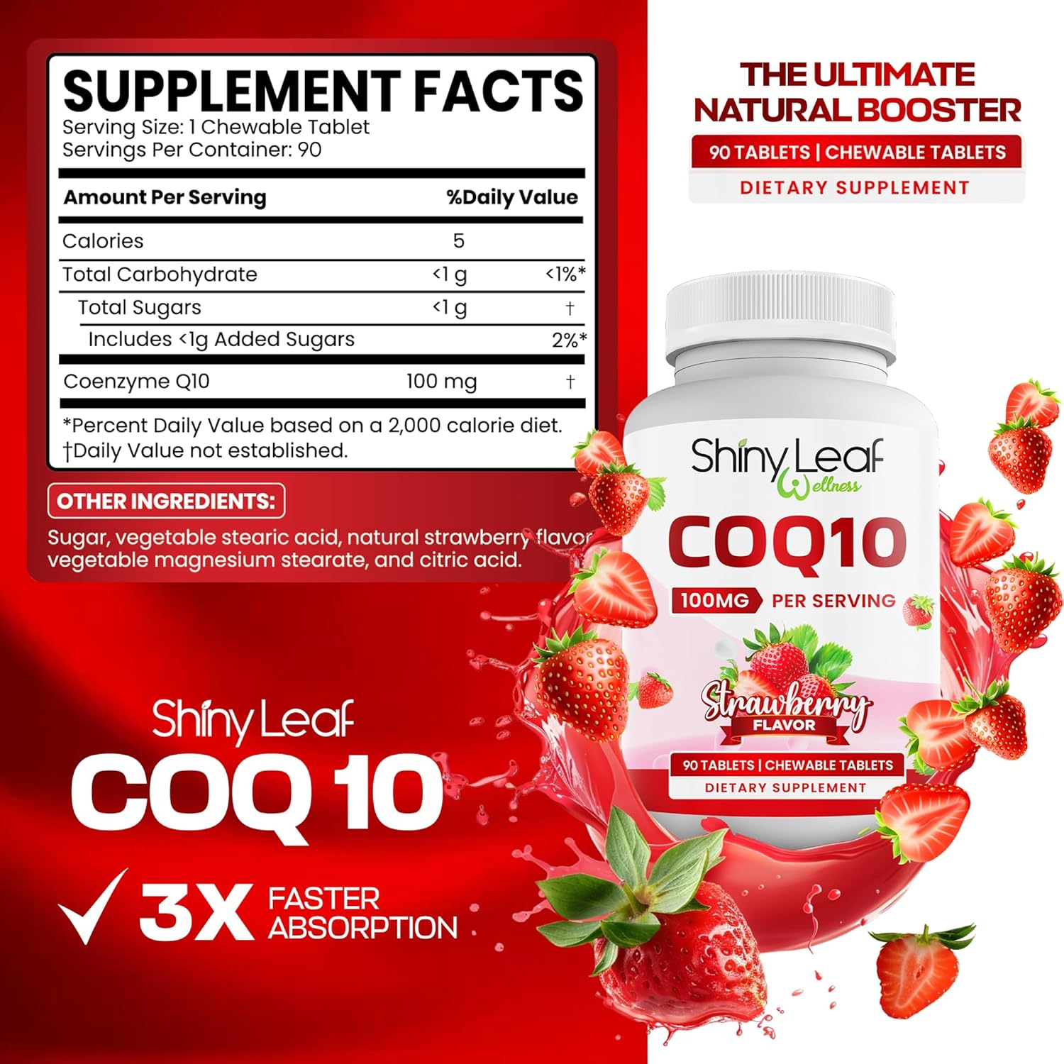 Shiny Leaf Coq10 100Mg - Chewable Coq10 Supplement - Coenzyme Q10 For Heart Health & Energy - Natural Co Q 10 Supplement For Cardiovascular Wellness - 100Mg Chewable Tablets, 90 Tablets, Made In Usa