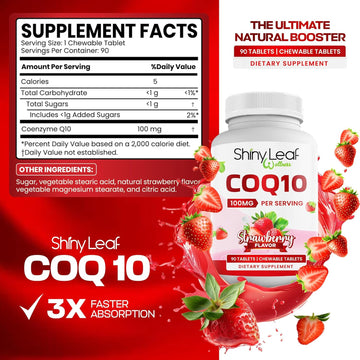 Shiny Leaf Coq10 100Mg - Chewable Coq10 Supplement - Coenzyme Q10 For Heart Health & Energy - Natural Co Q 10 Supplement For Cardiovascular Wellness - 100Mg Chewable Tablets, 90 Tablets, Made In Usa