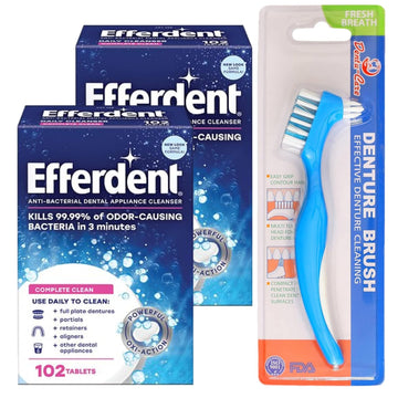 Efferdent Denture Cleaner Tablets 204 Complete Clean Bundle with Dentu-Care Denture Brush for Maintaining Good Oral Care for Full Partial Dentures