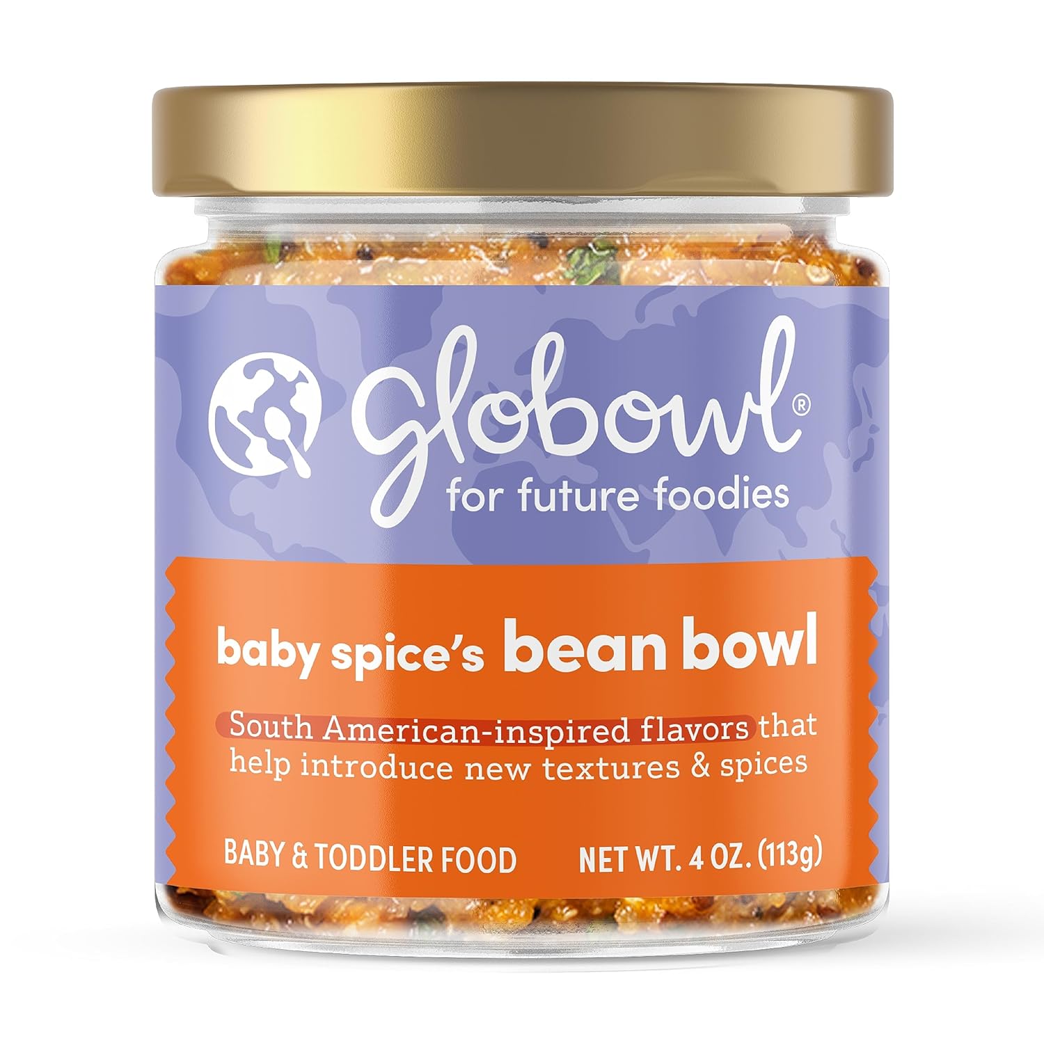 Globowl Stage 3 Baby Food & Toddler Meals, 6+ Months Early Allergen Introduction, Baby Led Weaning, International Whole Food Snacks For Toddlers, Babies, 4 Oz Glass Jar, Baby Spice'S Bean Bowl
