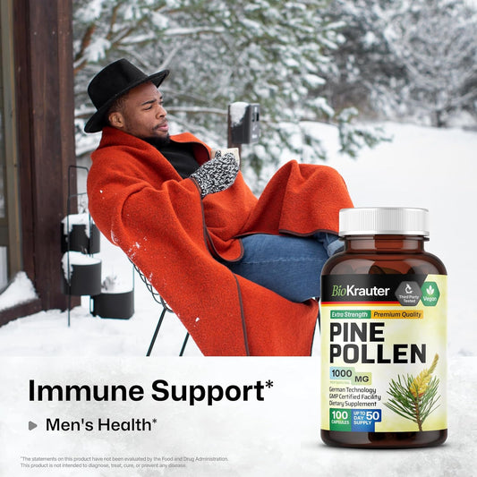 Bio Krauter Pine Pollen Powder Capsules 1000 Mg - 100 Pine Pollen Capsules For Men And Women Support - Herbal Supplement For Immune Support