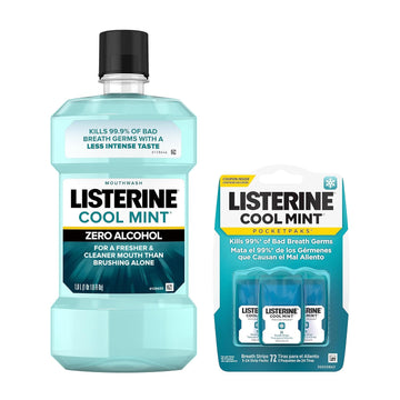 Listerine Cool Mint Zero Alcohol Mouthwash & Cool Mint Pocketpaks Portable Breath Strips, Kill 99% Of Bad Breath Germs* At Home Or On-The-Go, Convenience Pack, 1 L X 3 24-Packs