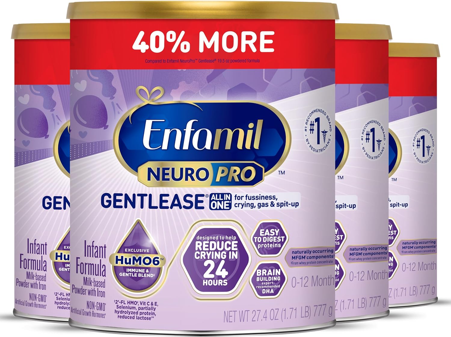 Enfamil NeuroPro Gentlease Baby Formula, Infant Formula Nutrition, Brain Support that has DHA, HuMO6 Immune Blend, Designed to Reduce Fussiness, Crying, Gas & Spit-up in 24 Hrs, 27.4 Oz, 4 Cans